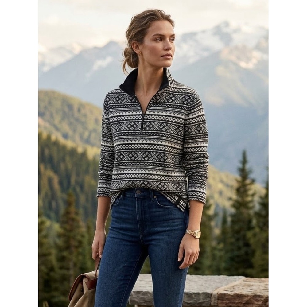 Lauren Active Ralph Lauren Black White Fair Isle 1/4 Zip L Preppy Heritage